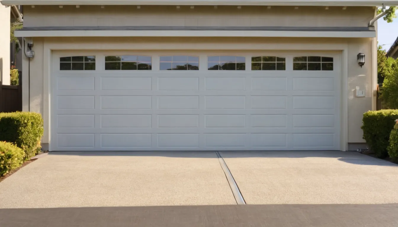 A local provider inspecting the track of a residential garage door at a stucco home in Highland